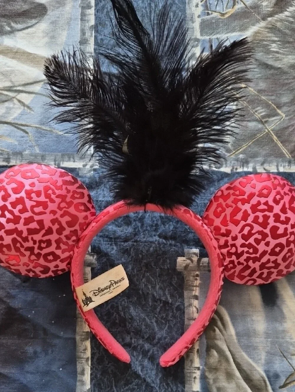 Disney Parks Pink Leopard Print Minnie Ear Headband with Black Feather Accent